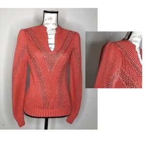 Vintage Nanell 80's 90's Coral Orange Hand Knit Crochet Sweater size Medium